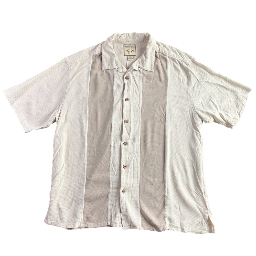 Paradise Coves Mens XL Silk Button Up Shirt Cream Beige Textured Panel Bowling